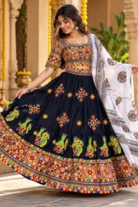 Black chaniya choli with mirror-work embroidery and white dupatta