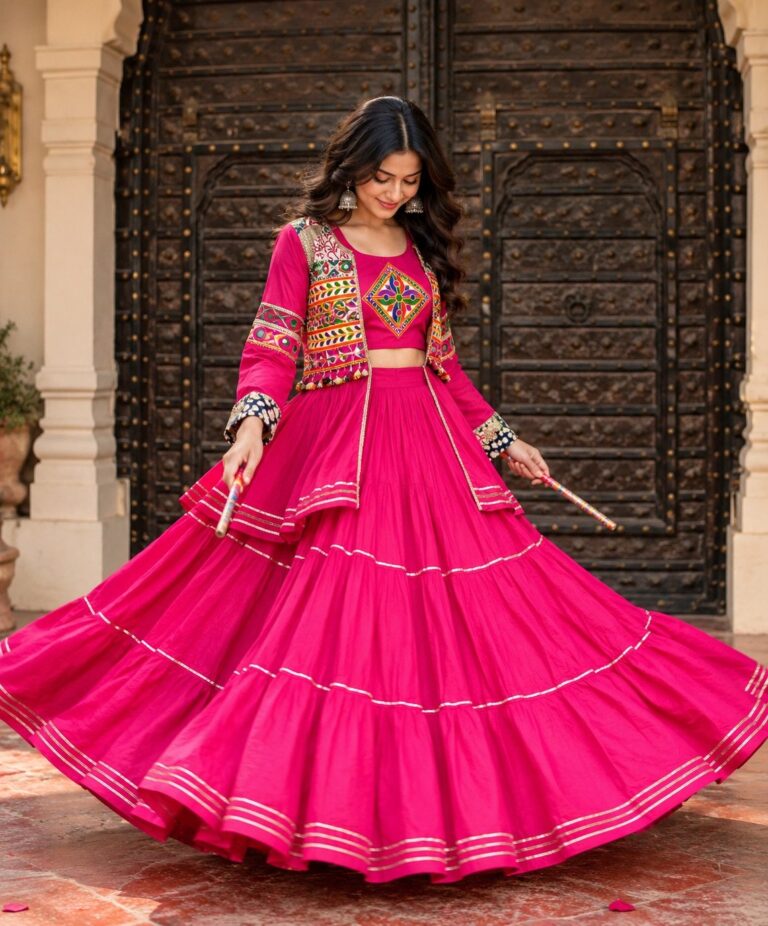 Hot pink tiered chaniya choli with embroidered jacket