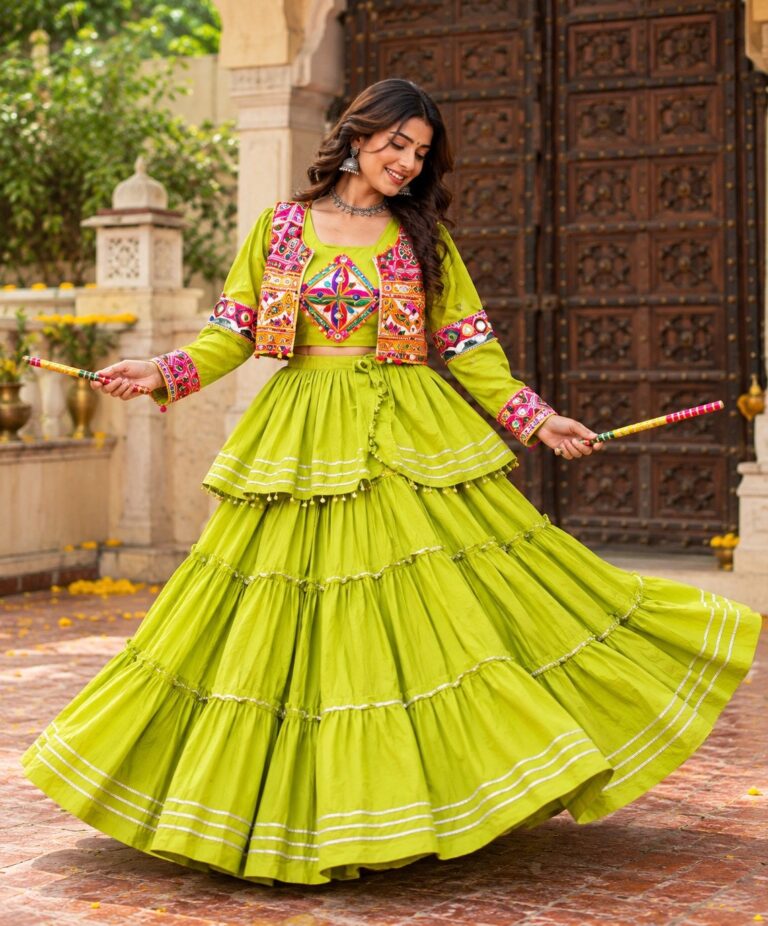 Lime green tiered chaniya choli with embroidered jacket