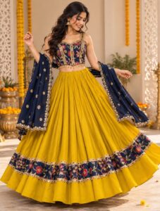 Mustard yellow lehenga with navy floral blouse and dupatta