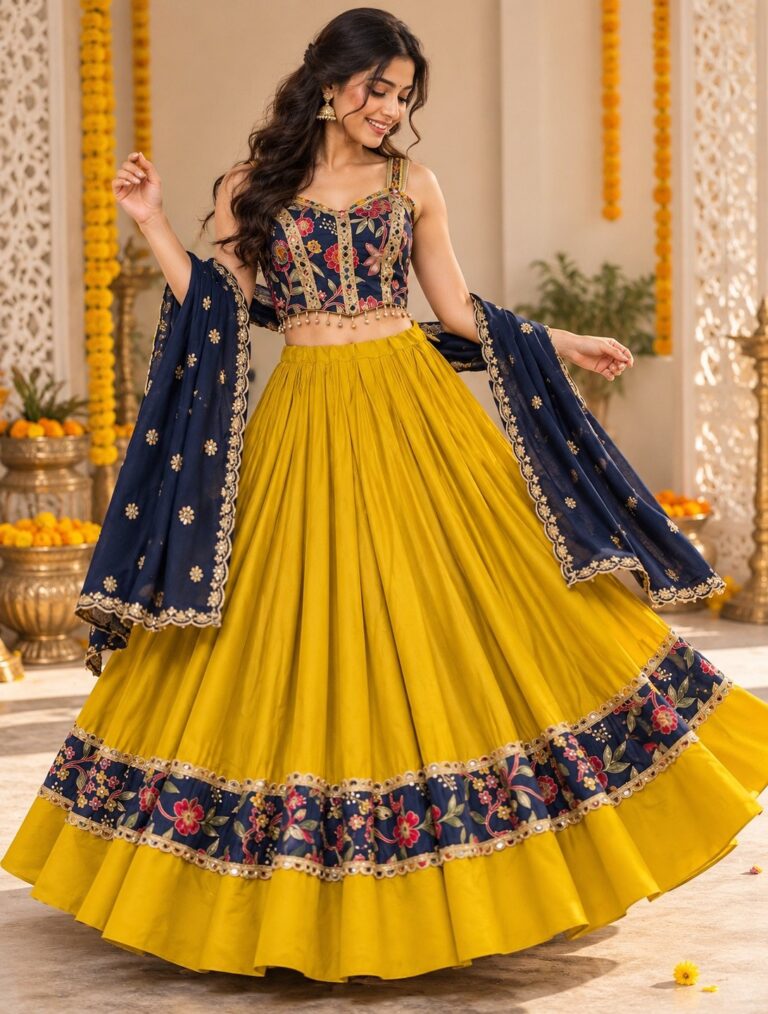 Mustard yellow lehenga with navy floral blouse and dupatta