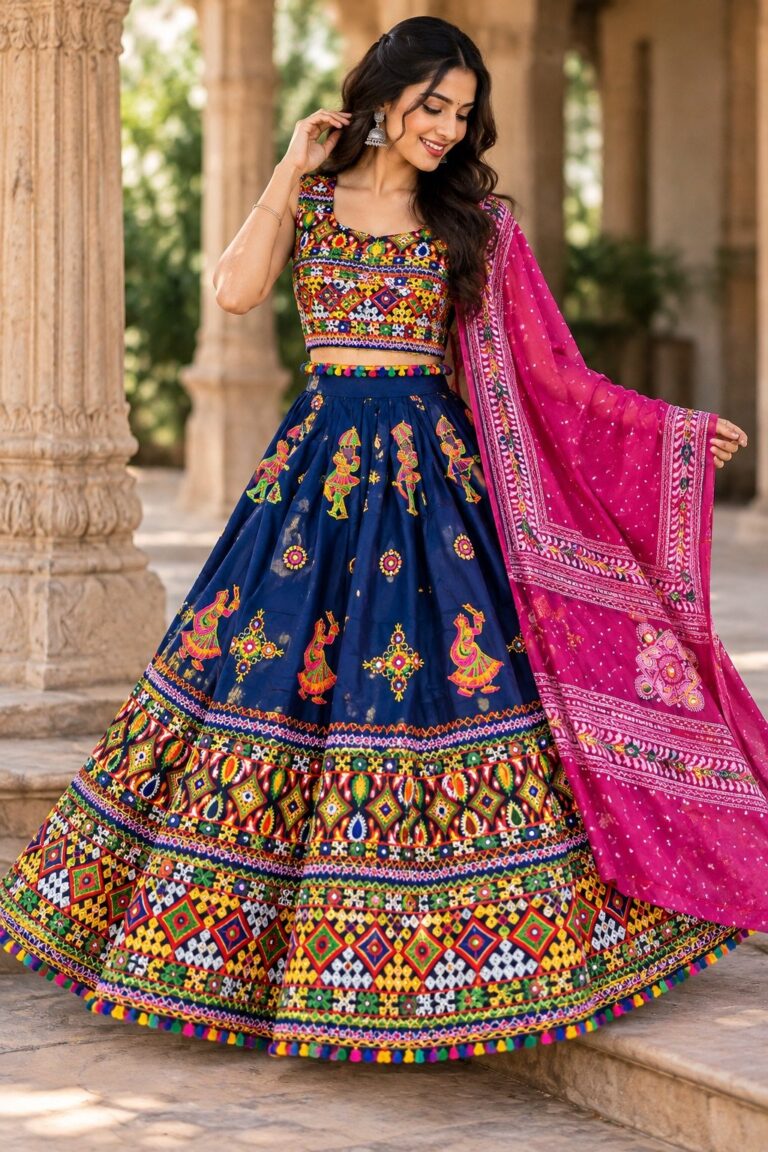 Navy blue Kutch embroidery chaniya choli with pink bandhani dupatta