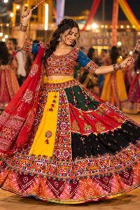 Patchwork garba chaniya choli with mirror work and bandhani border