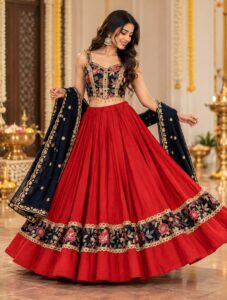 Red lehenga with navy floral embroidered border and dupatta