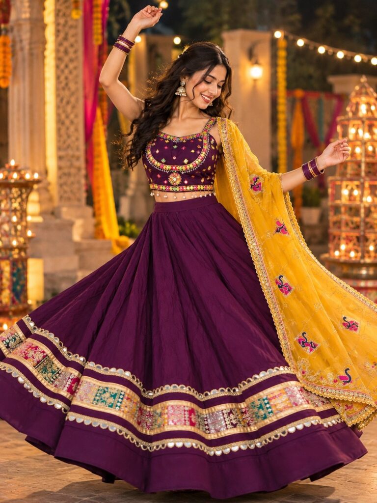 Wine purple lehenga with mirror work and yellow gota dupatta